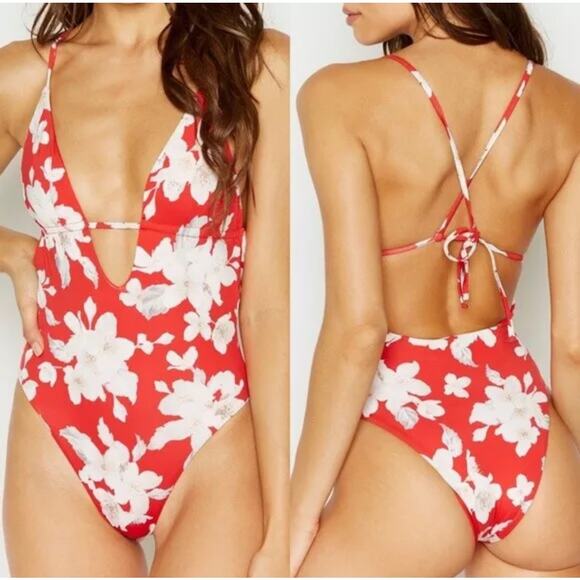 Frankies Bikinis Janelle One-Piece Swimsuit Red Floral Azalea Cheeky Cut Size M - Picture 5 of 9